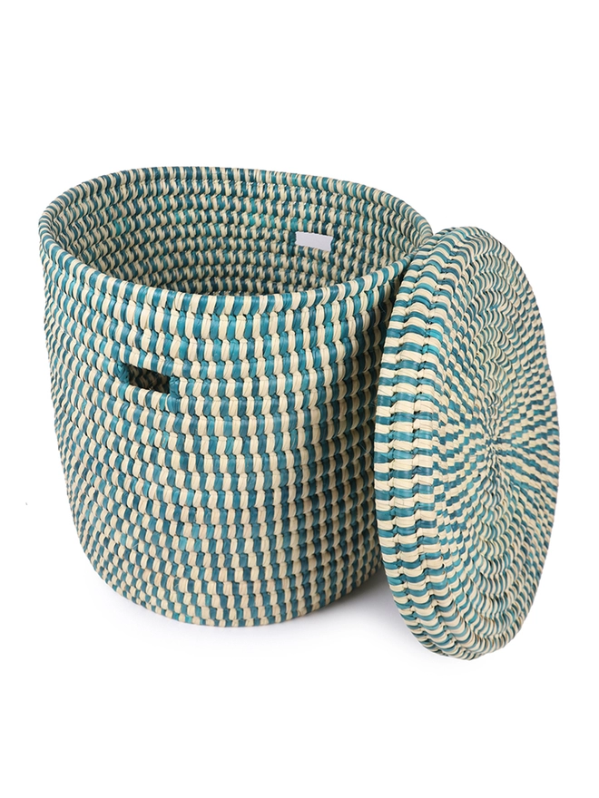 turquoise check laundry basket lid off
