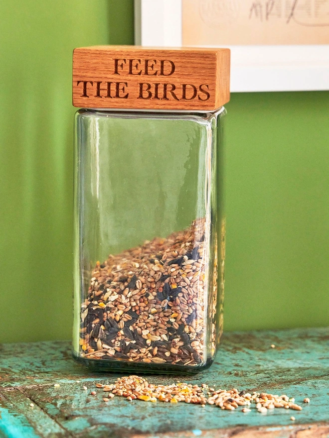 Feed the birds personalised oak jar