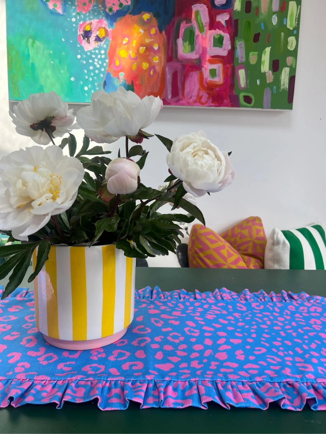 blue pink leopard print table runner