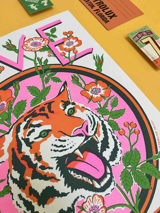 Tiger and Rose Risograph print with text reading Love is Power