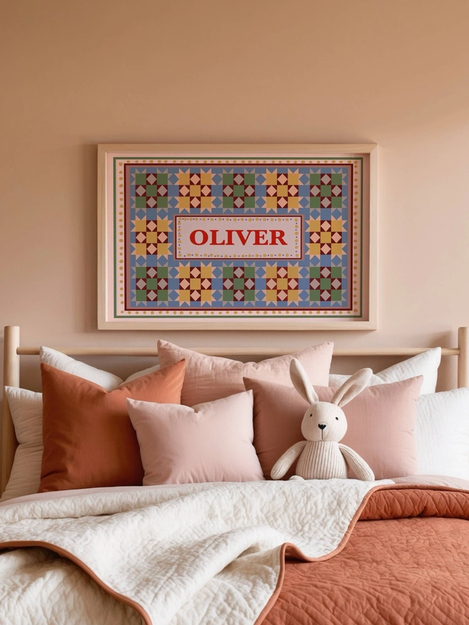 Custom name wall art featuring personalised patchwork print with a child's name taking centre stage, perfect for nursery and children's bedroom decor