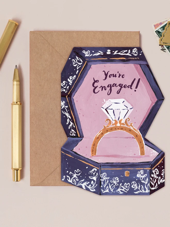 Engagement Ring Box Card by Sister Paper Co with a kraft envelope
