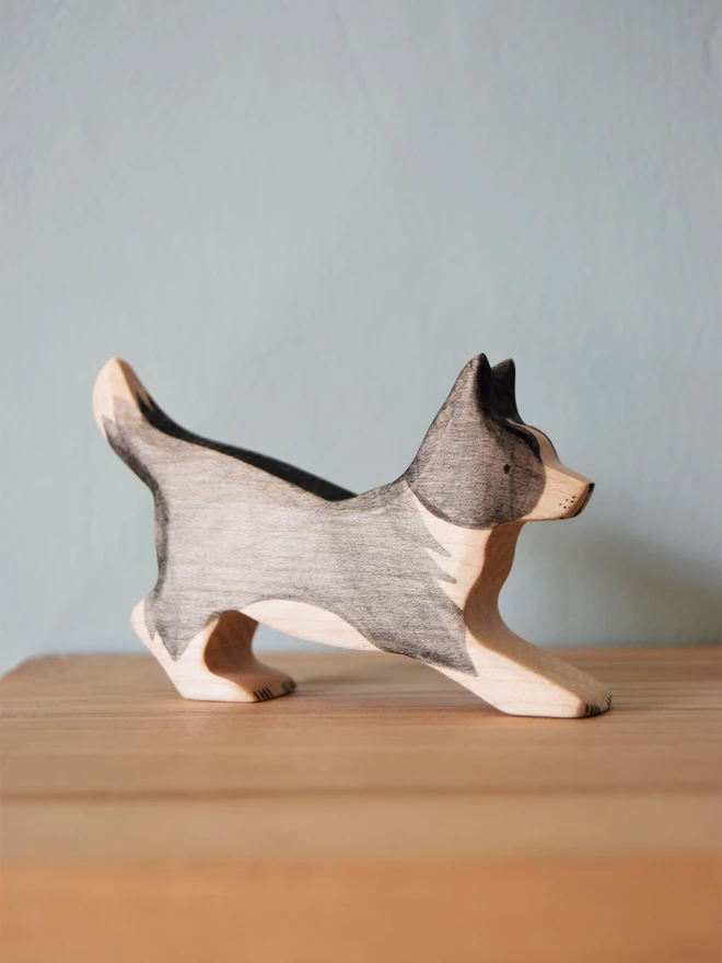 Handmade ecofriendly wooden toy figurines, border collie figures made by hand by Eric and Albert made in Wales, UK