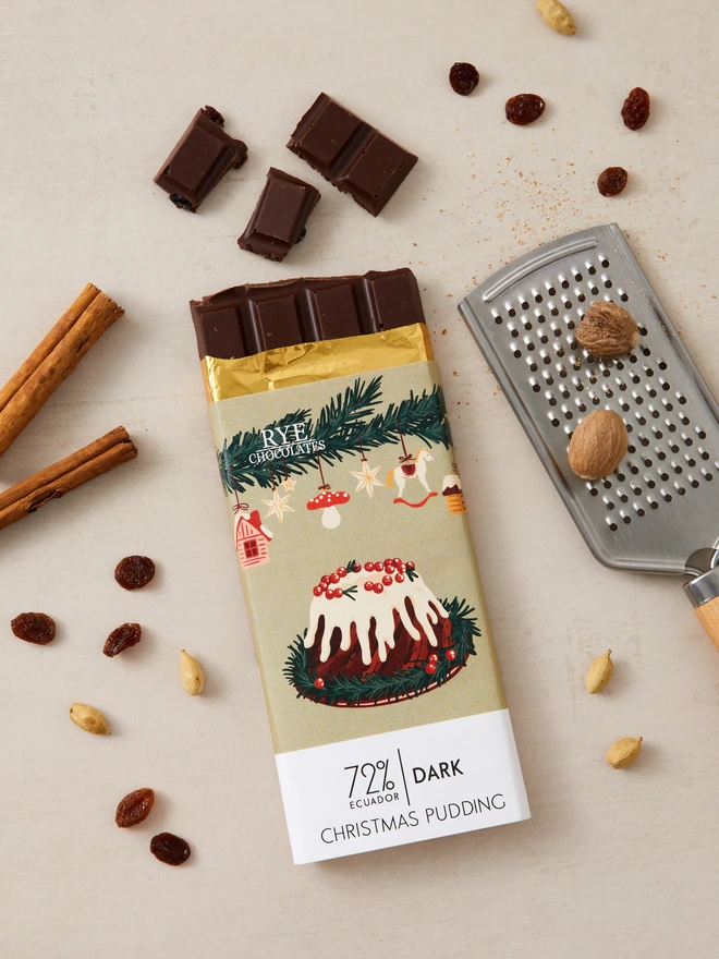 Christmas Pudding Dark Chocolate Bar - 72% Ecuadorian