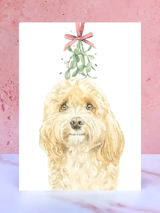 cavapoo dog mistletoe christmas card