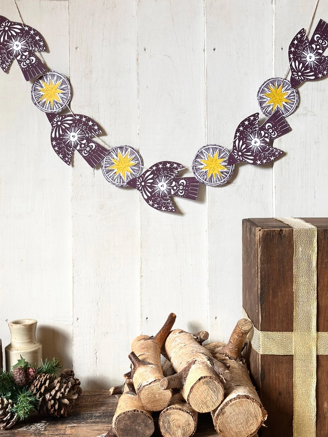 'Twinkle & Flight' Festive Nordic Folk Birds Linocut Garland