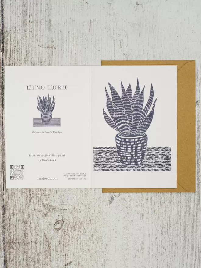 Greeting Card with an image of a Mother In Laws Tongue plant taken from an original lino print