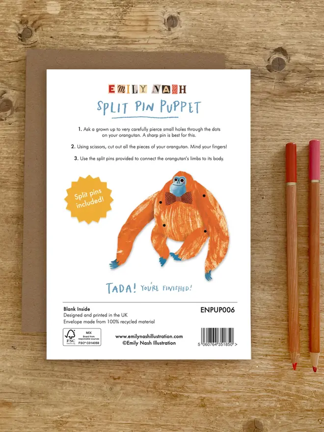 orangutan split pin puppet card