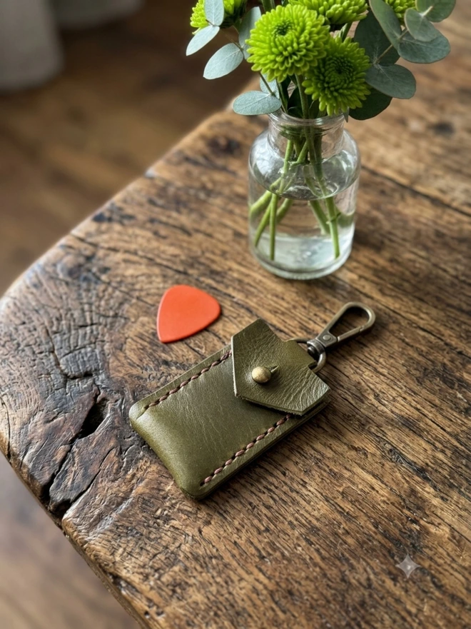 Olive Green leather guitar pick holder