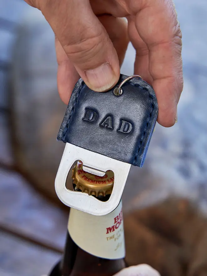 Handmade Leather Personalised Bottle Opener Key Ring- 'DAD' in Navy 