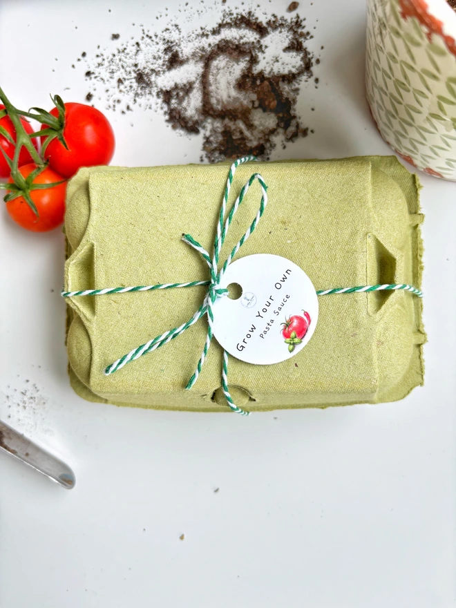green egg box tied with green string and a grow your own tomatoes tag placed on a white background with soil and tomatoes next to it