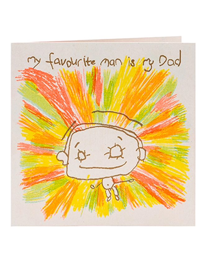 Close up of My Favourite Man Is My Dad riso printed card with a sketch of a Dad accompanying the words