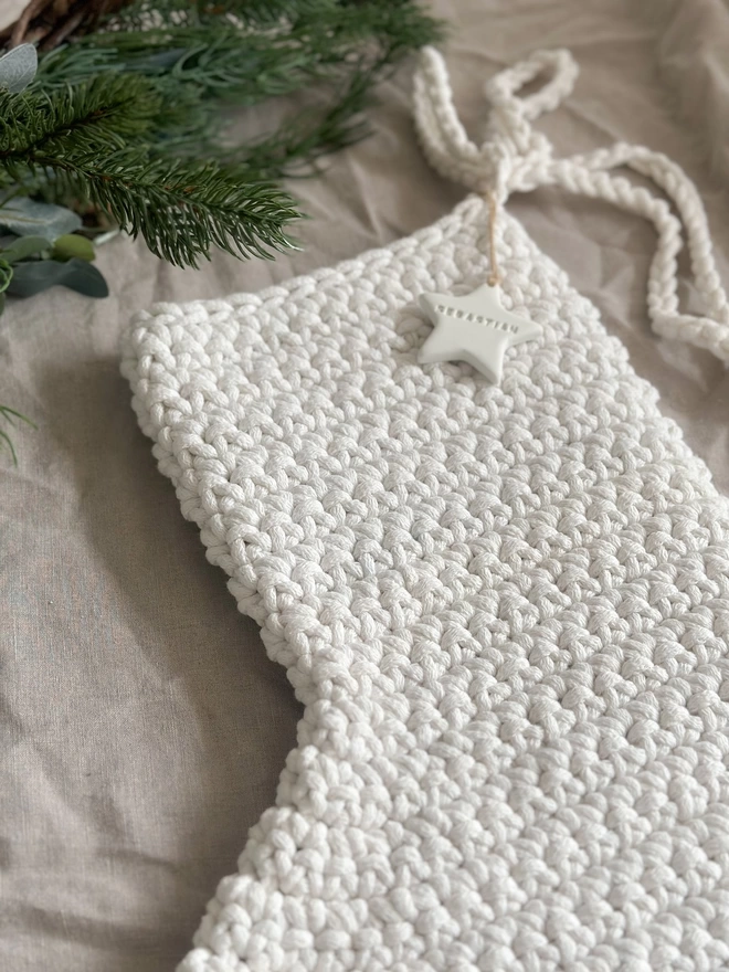 hand crocheted christmas stocking ecru Zuri House