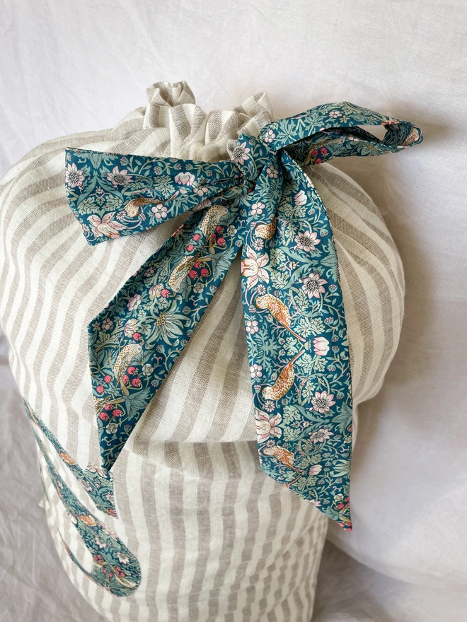 Natural Linen Stripe Christmas Gift Sack with Liberty Print Sash and Letter