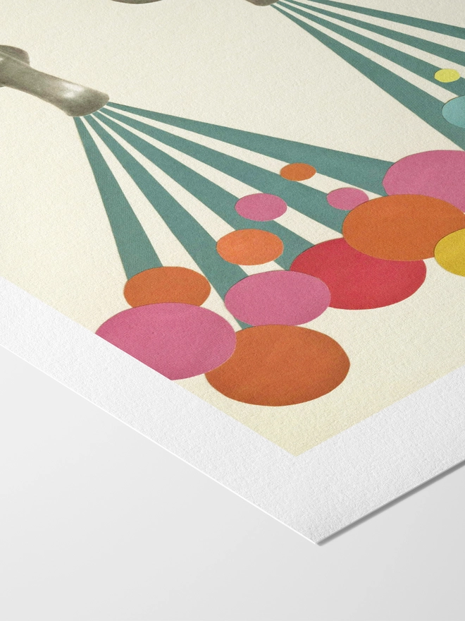 A fun colourful print, featuring vintage taps with colourful bubbles.