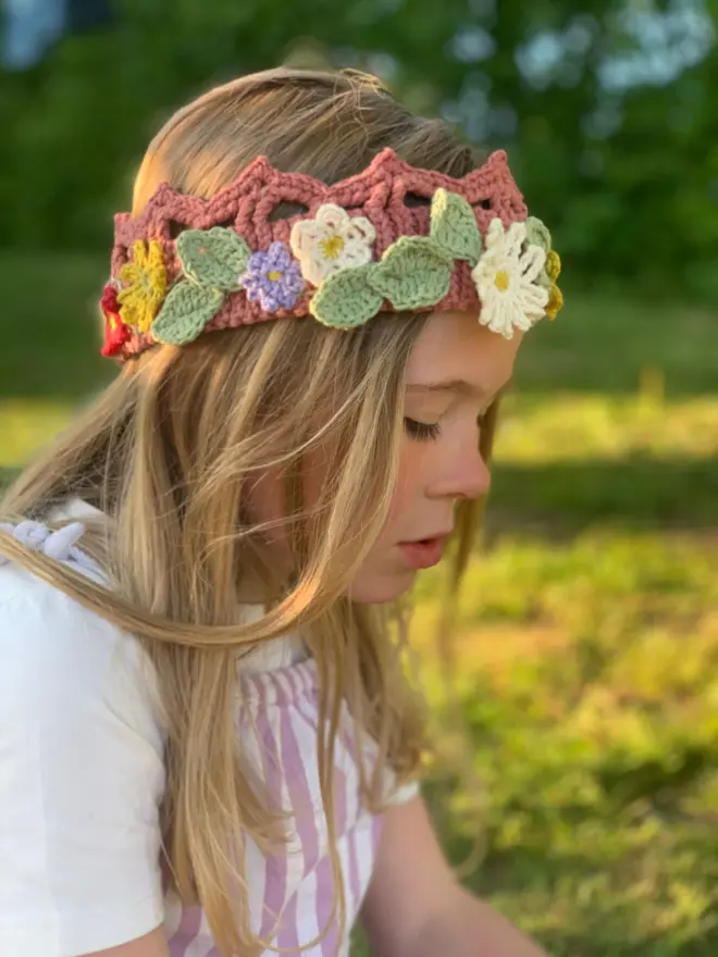 Child wearing Midsummer Solstice Flower Crown sold as a Crochet Kit