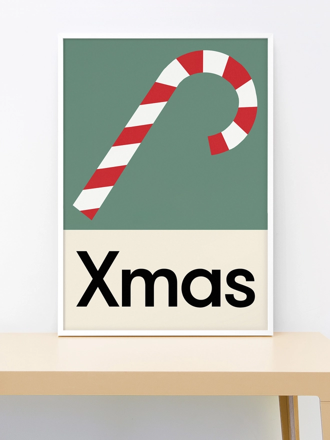 illustrated candy cane wall print with word Xmas