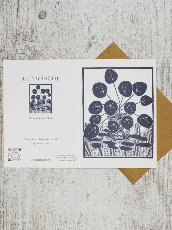 Greeting Card with an image of a Chinese Money Plant, taken from an original lino print