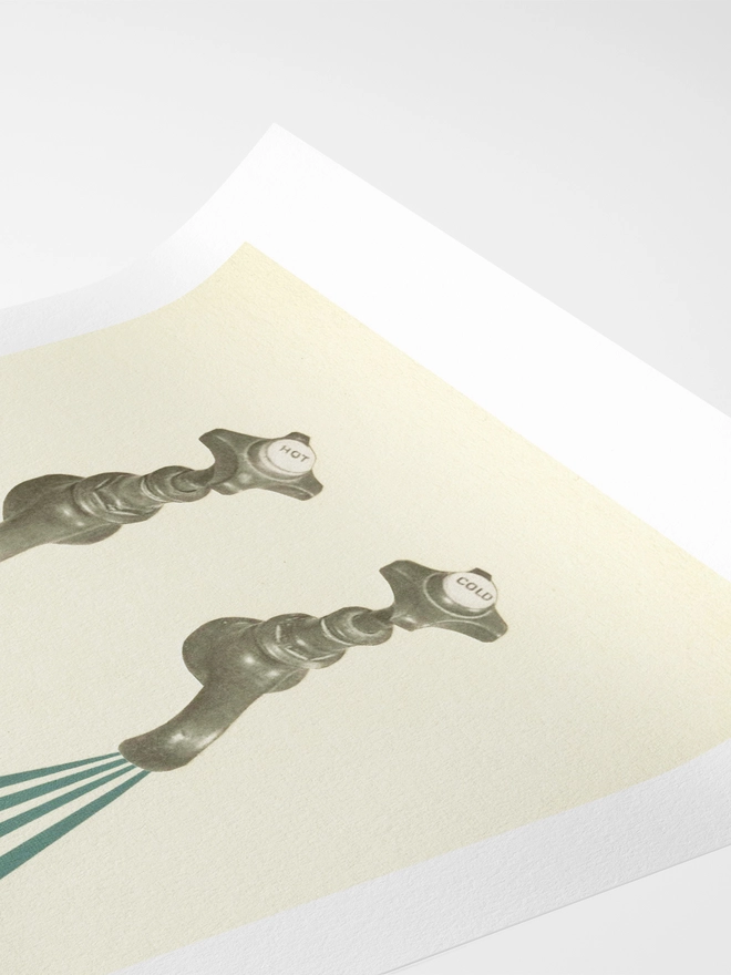 A fun colourful print, featuring vintage taps with colourful bubbles.