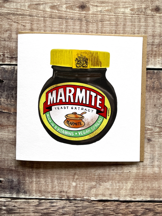 Illustrated greetings card featuring a jar of Marmite, blank inside.
