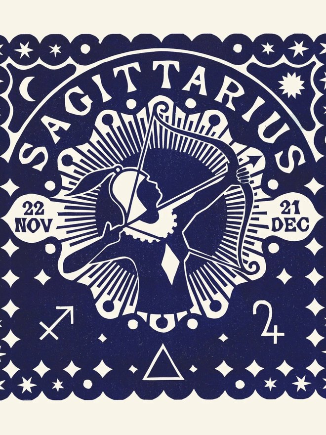 saggitarius zodiac linocut. a linocut archer and zodiac symbols printed on a blue background.