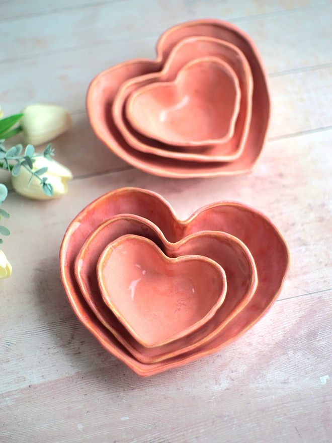 Heart Bowls, Jenny Hopps Pottery, Nesting heart bowls, pink