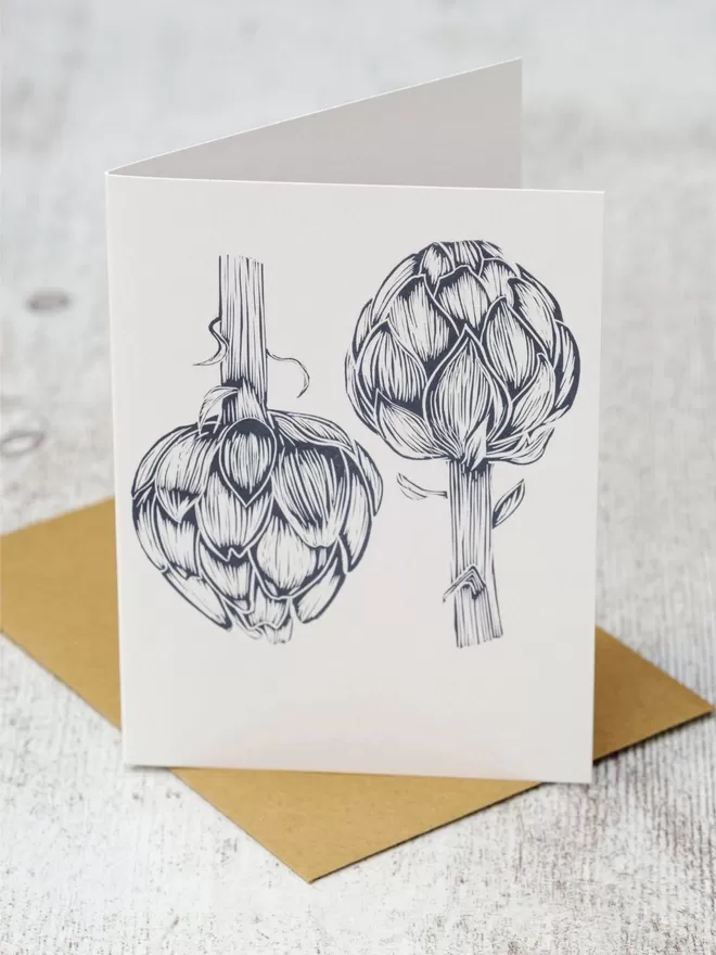 Greeting Card with an image of Two Artichokes, taken from an original lino print