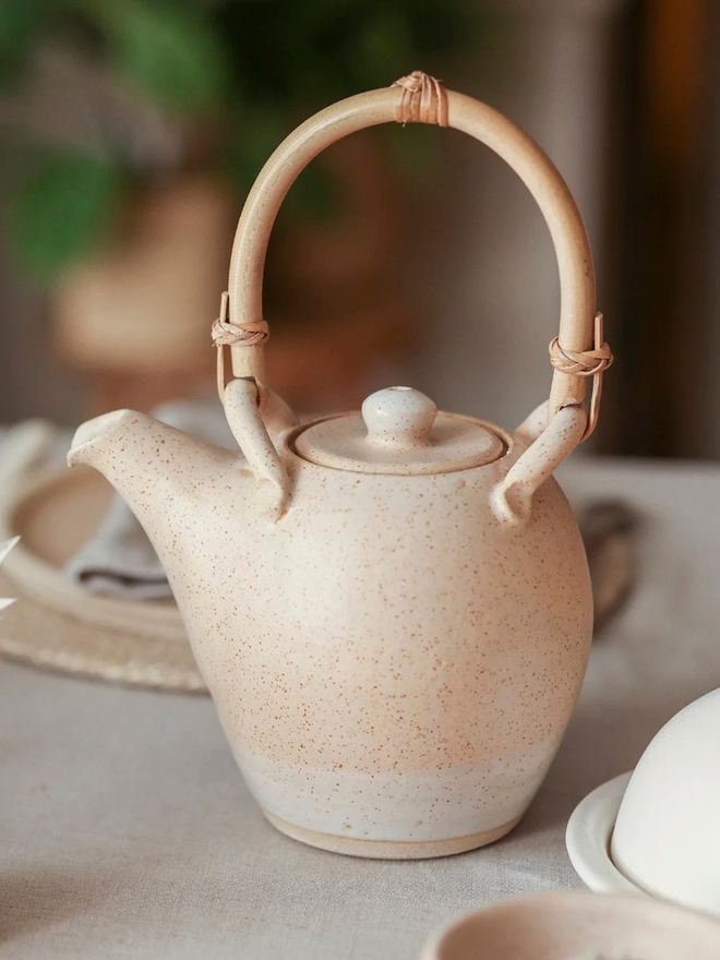 oatmeal cane handle stoneware teapot