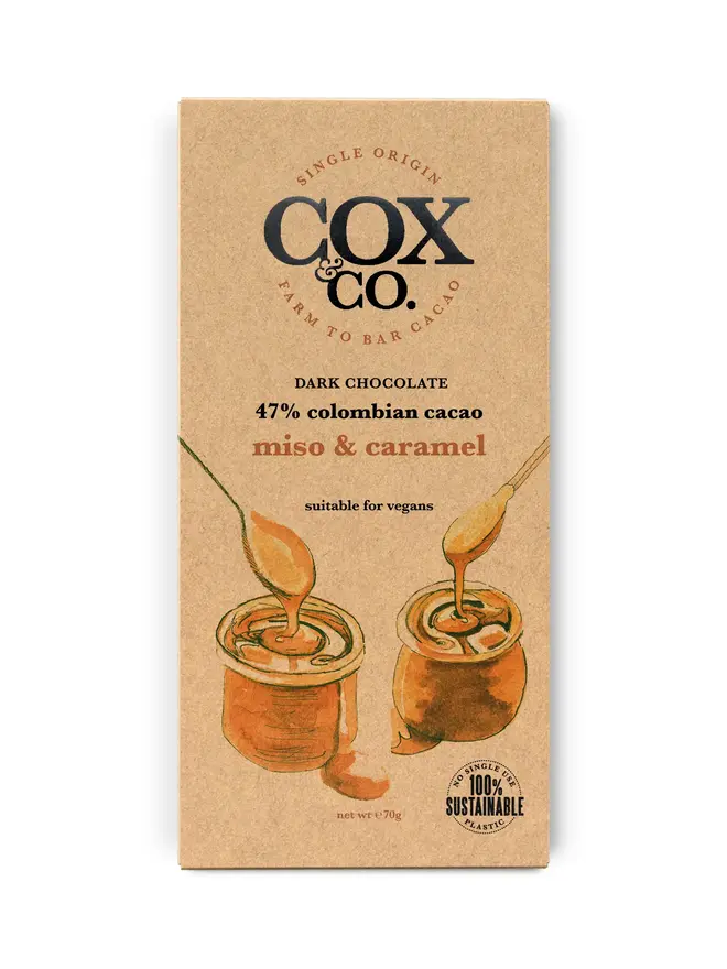47% Miso & Caramel Chocolate Bar (Set Of 1, 2 Or 3), a chocolate bar sitting on a white surface. 