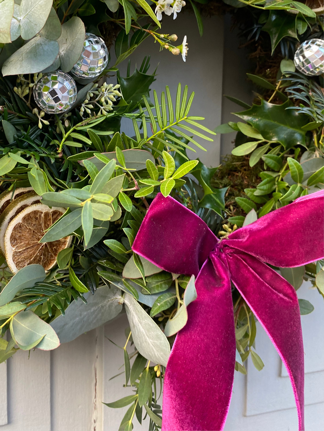 Handmade Fresh Christmas Wreath Eucalyptus Disco Balls Pink Velvet Bow