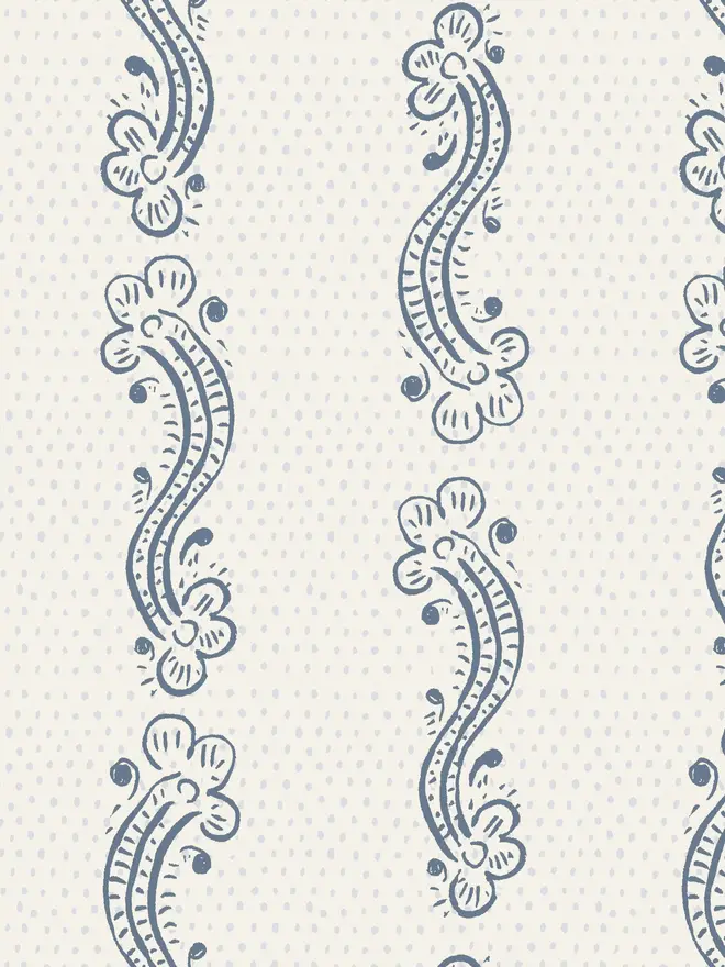 cedilla illustrated patterned wallpaper. a white background wallpaper with blue squiggle patterns.