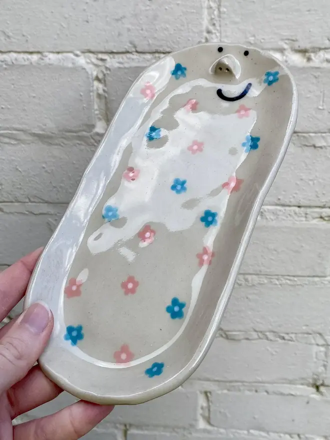 blue pink floral handmade ceramic tray