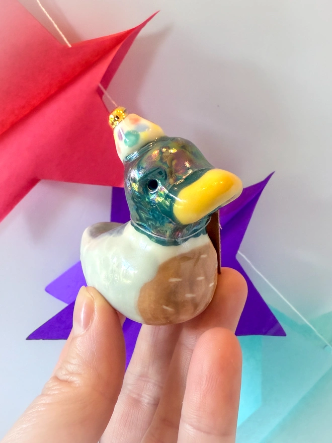 Handmade Porcelain Duck Cake Topper With Party Hat 
