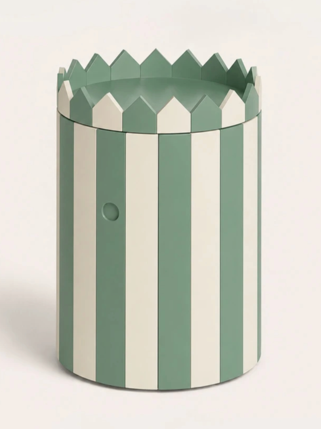 Striped Barrel Table & Large Tray Set. A barrel table and tray set in sage