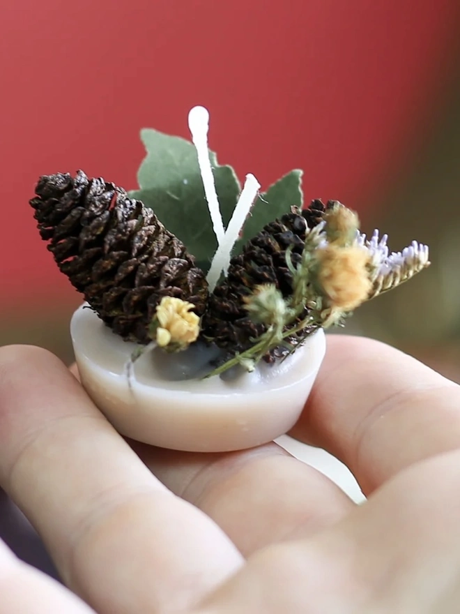 Recycled Wax Firelighters (Box Of 6). a single recycled wax firelighter rests in the palm of a hand, showing its pale wax base topped with two pine cones, a sprig of dried lavender, a small yellow flower and a green leaf. two wicks rise from the centre of the wax, and a red background provides contrast to the natural, textured materials. the close framing highlights the compact, handmade scale of the firelighter.