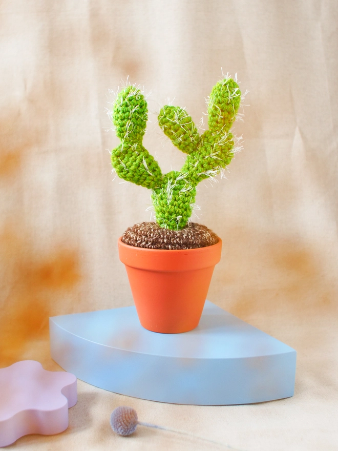 Handmade spiky crocheted cactus in terracotta pot