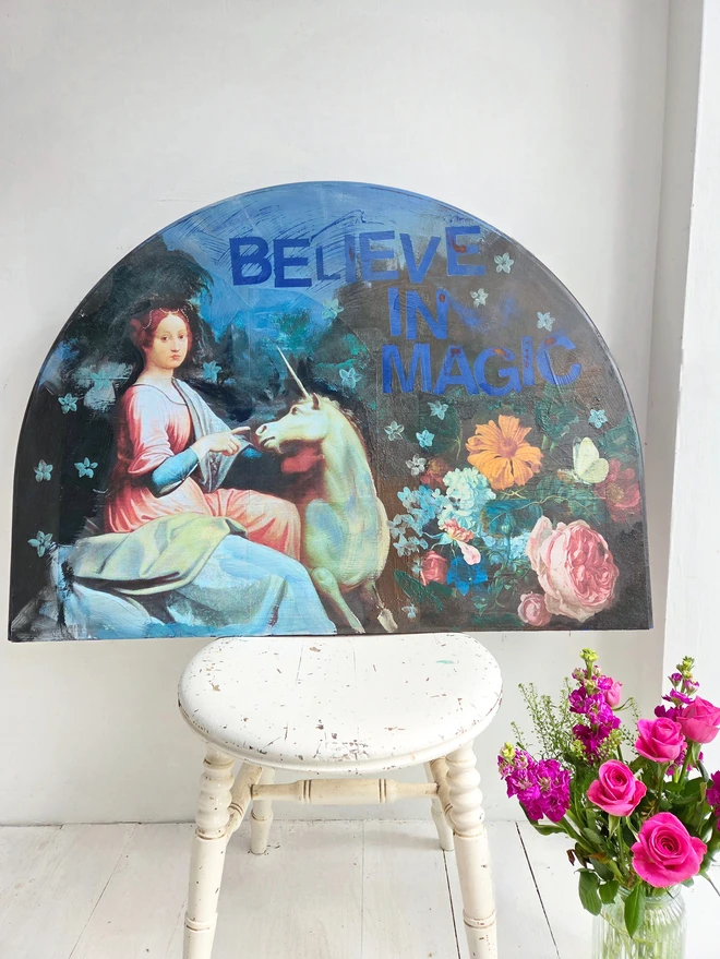 Unicorn art panel made from an upcycled table-top.