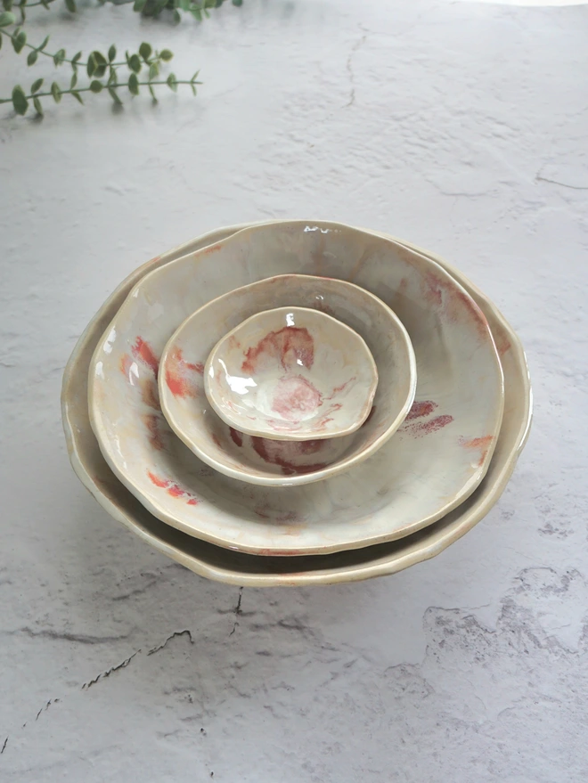 Nesting set of 4 bowls, dream catcher and rose, Jenny Hopps Pottery