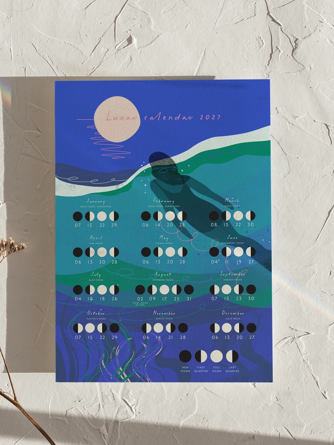 Lunar calendar 2027 moon cycles wild swimming nature print