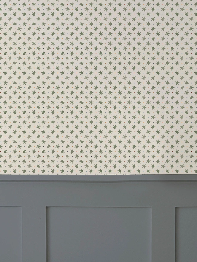 Ducks In A Row Stars and Spots Wallpaper Puddle Green colour way in boys bedroom with dark painted panelling