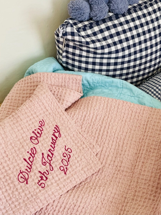 Personalised Embroidered Waffle Linen Baby Blanket