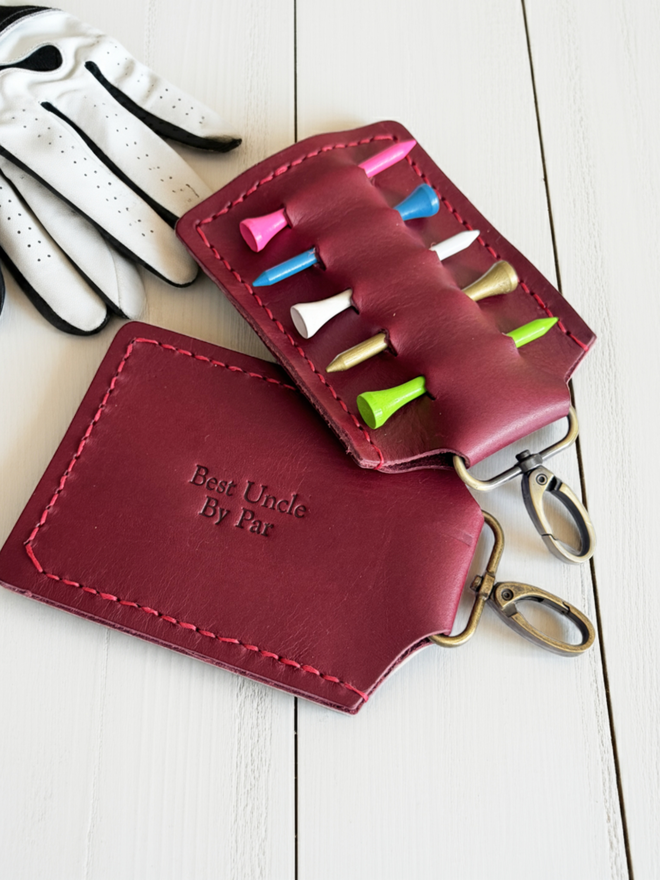 personalised claret leather golf tee holder.