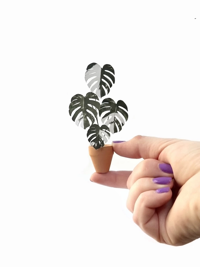 A miniature replica Variegated Monstera Deliciosa Albo paper plant ornament in a terracotta pot held between 2 fingers against a white background
