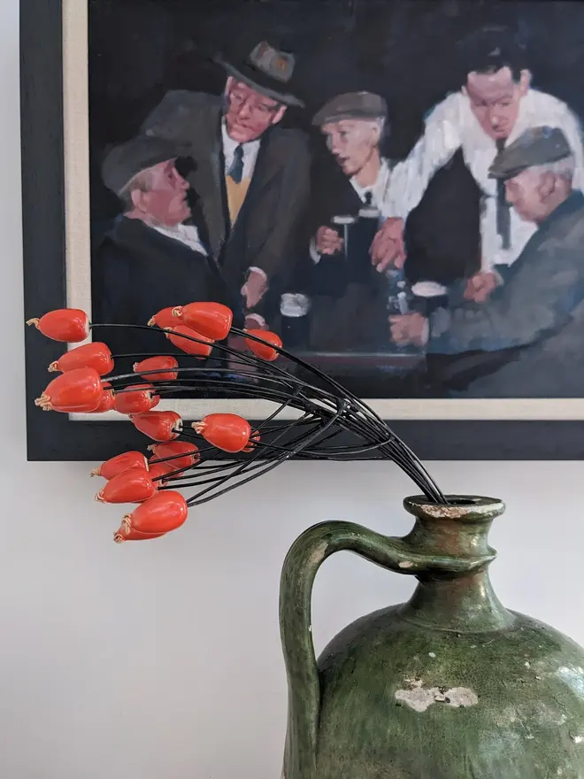 Ceramic Rosehip Flowers (Set Of 2 Stems 4 Berries)