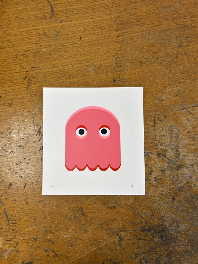 Pink and Red Screen Print of a Ghost, Retro Arcade Games