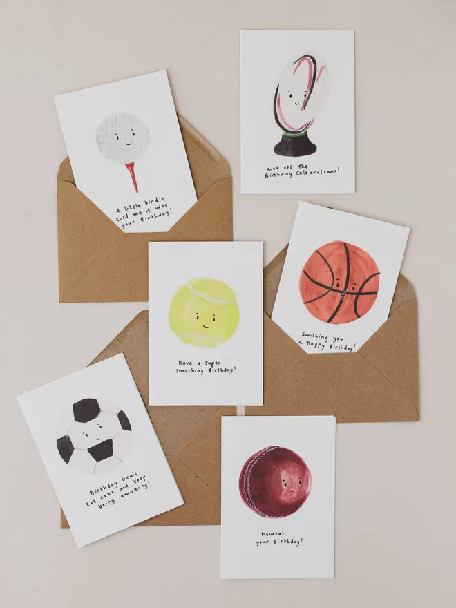 Set of 6 Sporty Ball Birthday Cards 