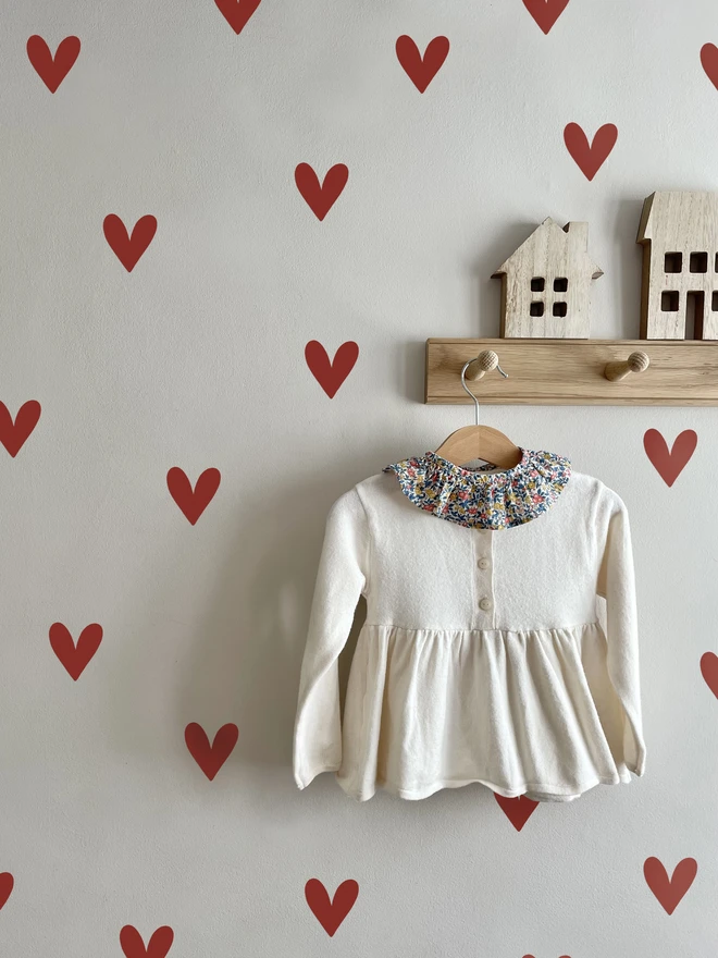 Red Love Heart Fabric Wall Stickers by Ducks In A Row in girls bedroom with blouse and hooks