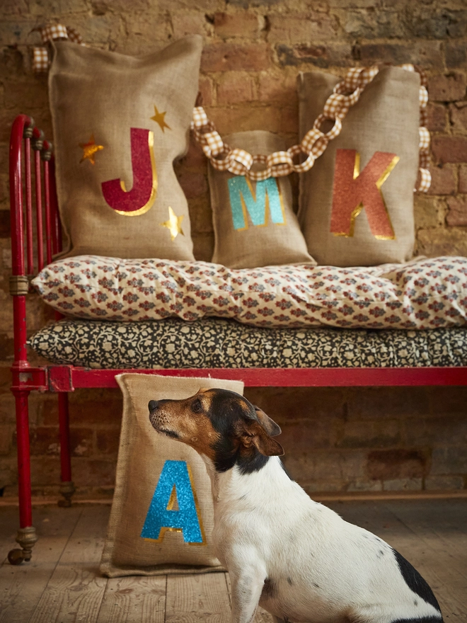 Dog sat in front of bed with 3d personalised christmas sacks on 