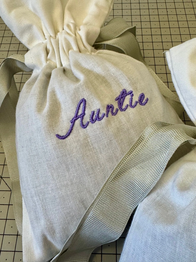 White Organic Cotton Drawstring Lavender Bag with Embroidered Name