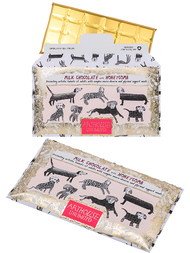Charity milk chocolate with honeycomb pieces packaged in gold foil card decorated with hand drawn dogs 